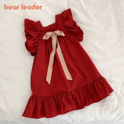 BreezeBloom – Ruffled Flying Sleeve A-Line Dress with Back Bow