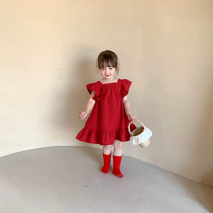 BreezeBloom – Ruffled Flying Sleeve A-Line Dress with Back Bow